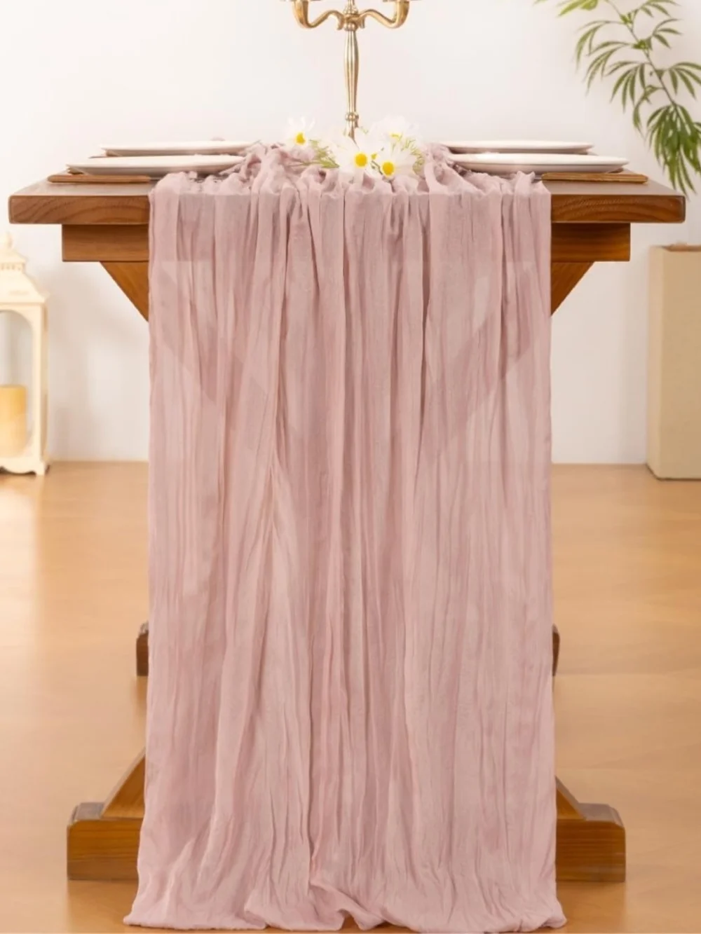 Light Blush Crinkle Cheesecloth Table Runner New - Picture 4 of 5